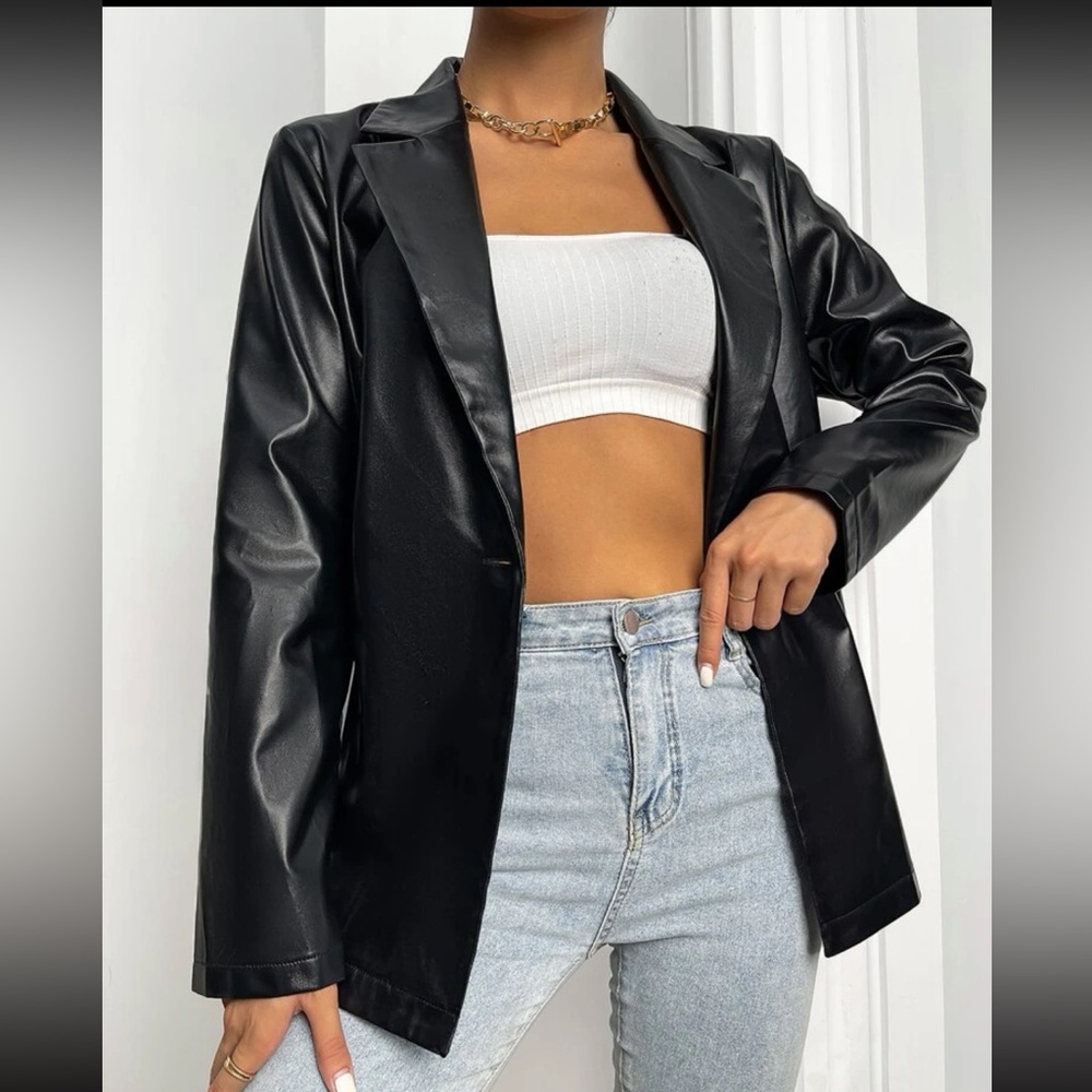 SHEIN EZwear Lapel Collar Single Button PU Leather Blazer